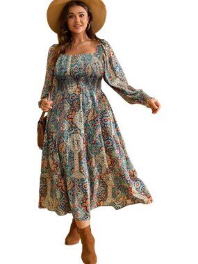 Plus Size Boho Floral Maxi Dress for Women - Long Sleeve Fall Fashion Dress